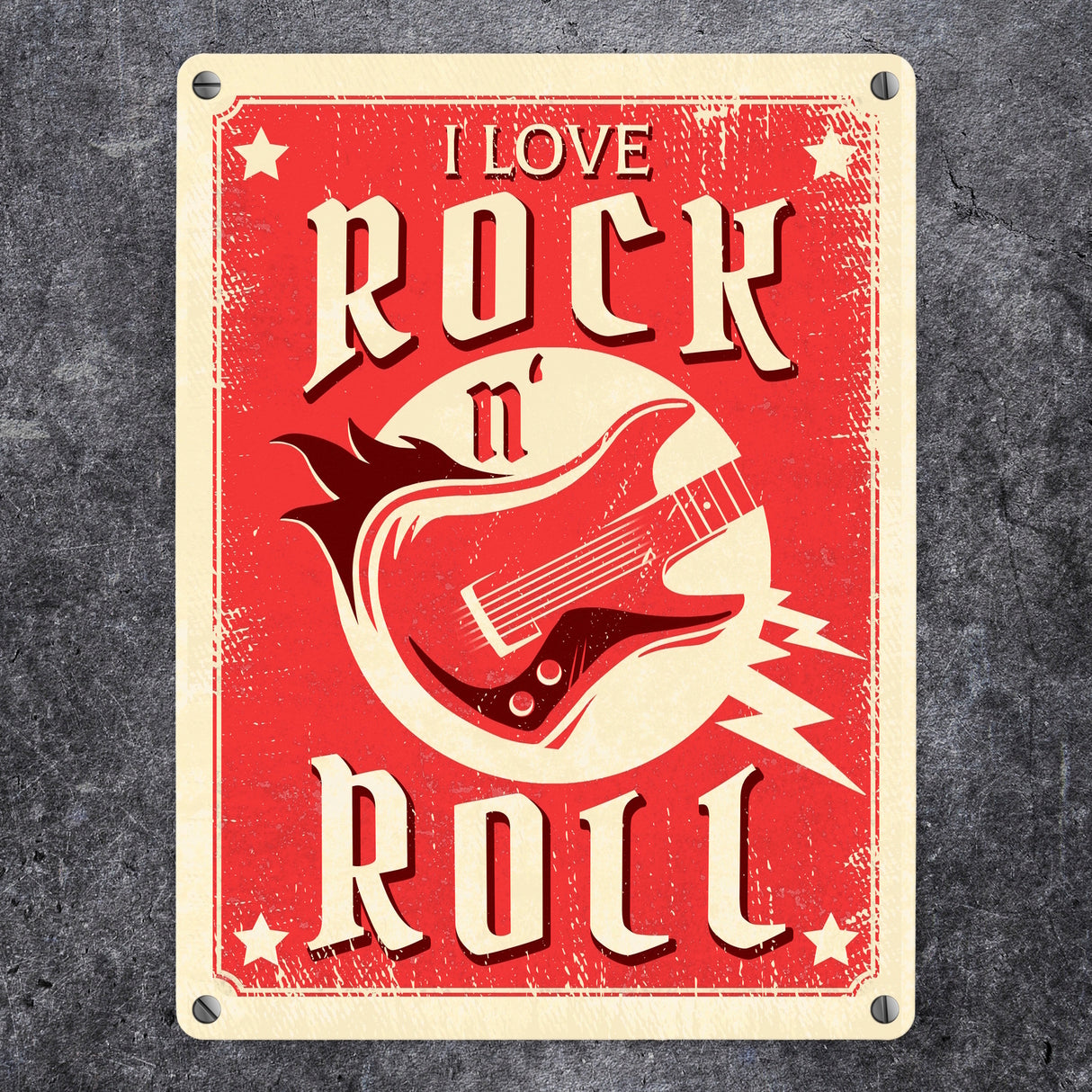 I Love Rock 'n' Roll Metallschild mit Gitarre