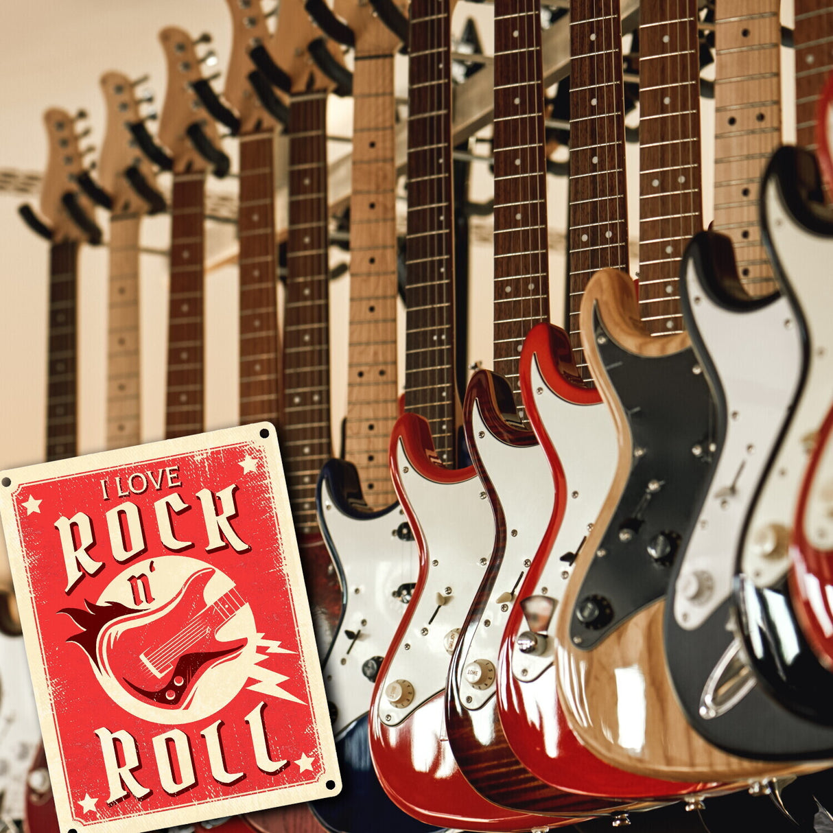 I Love Rock 'n' Roll Metallschild mit Gitarre