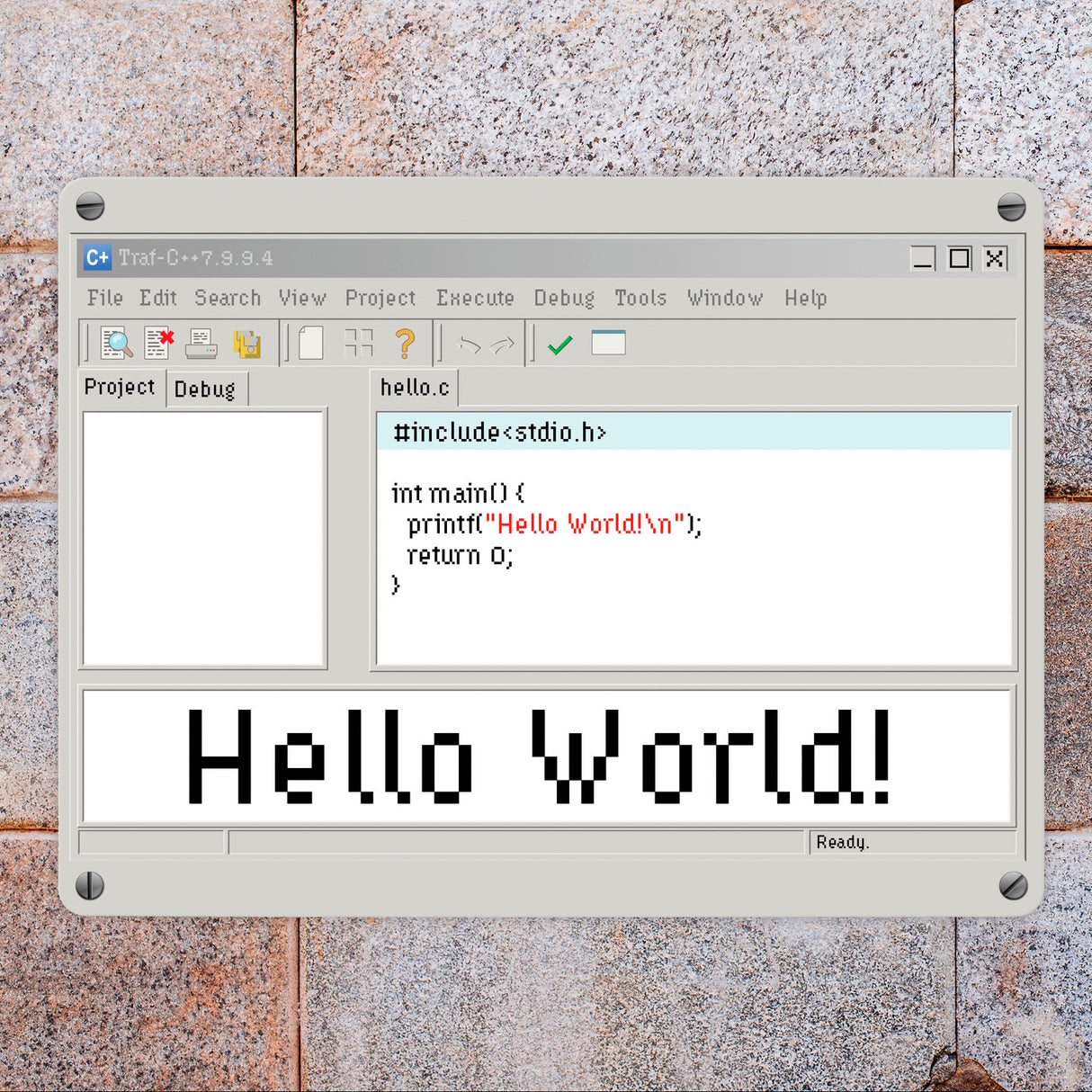 Hello World witziges Metallschild für Programmierer mit Quellcode
