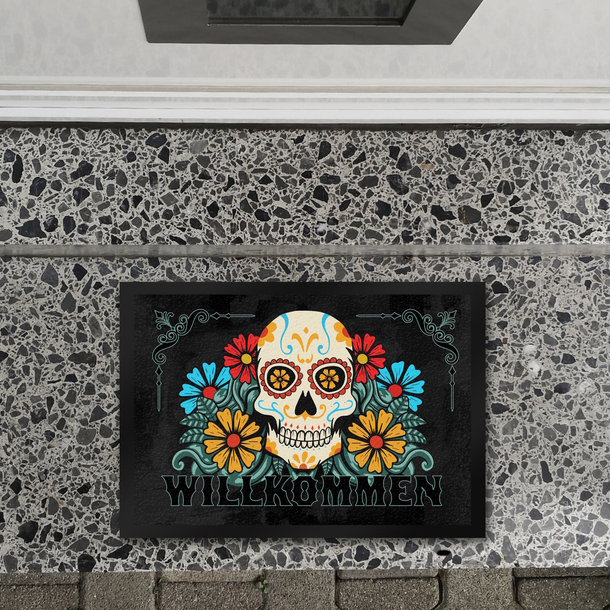 Willkommen Fußmatte mit Totenkopf und Blumenmotiv