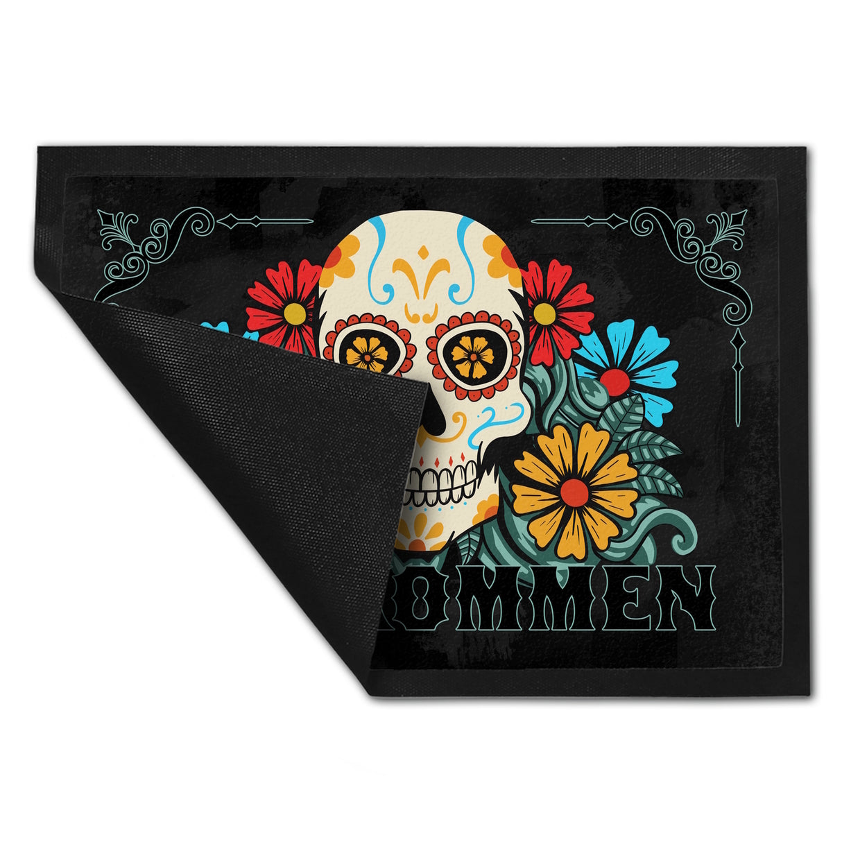 Willkommen Fußmatte mit Totenkopf und Blumenmotiv