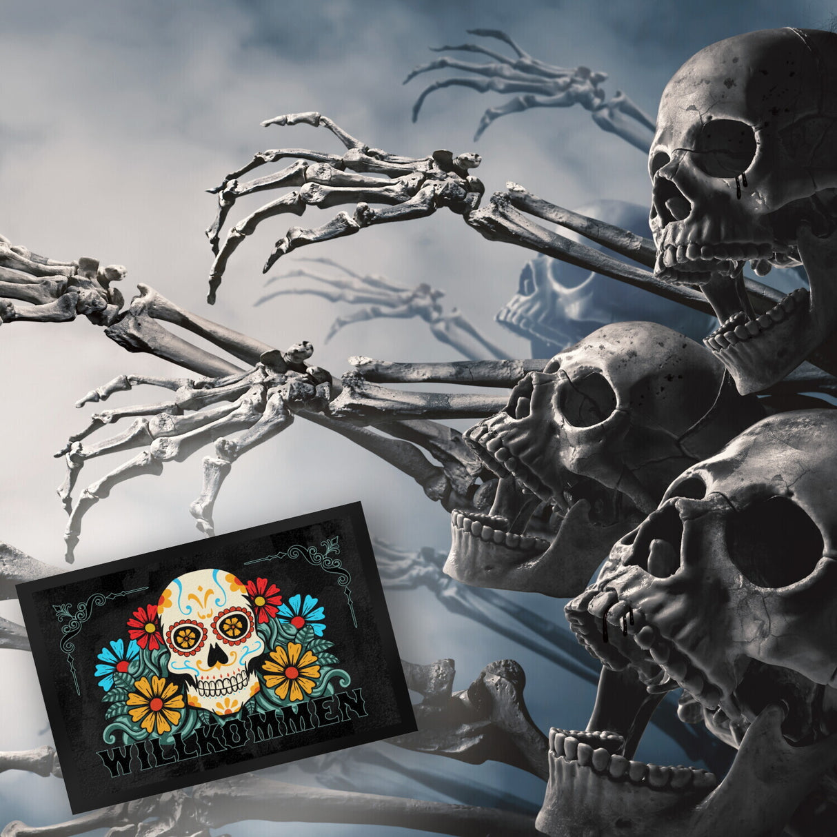 Willkommen Fußmatte mit Totenkopf und Blumenmotiv