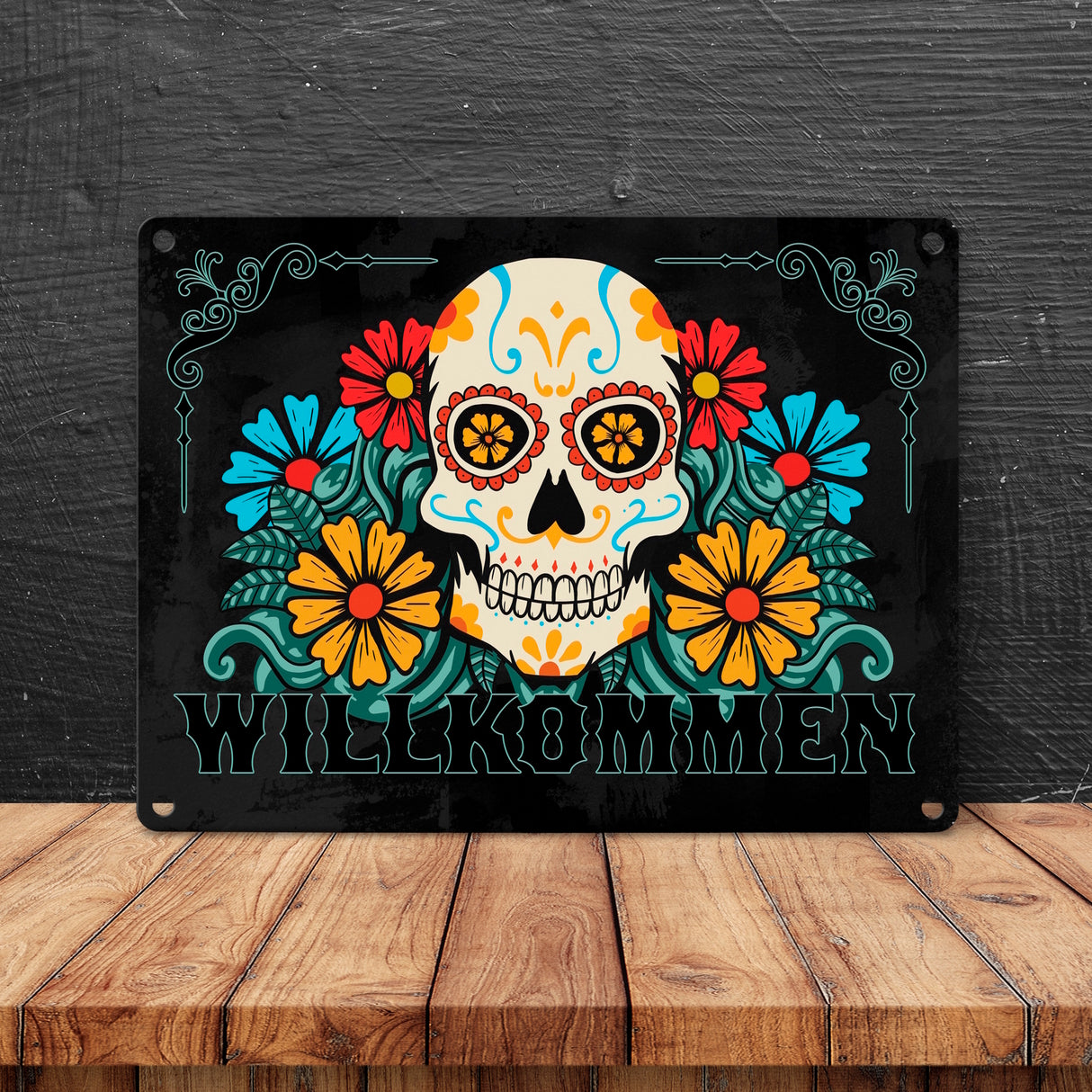 Willkommen Metallschild mit Totenkopf und Blumenmotiv