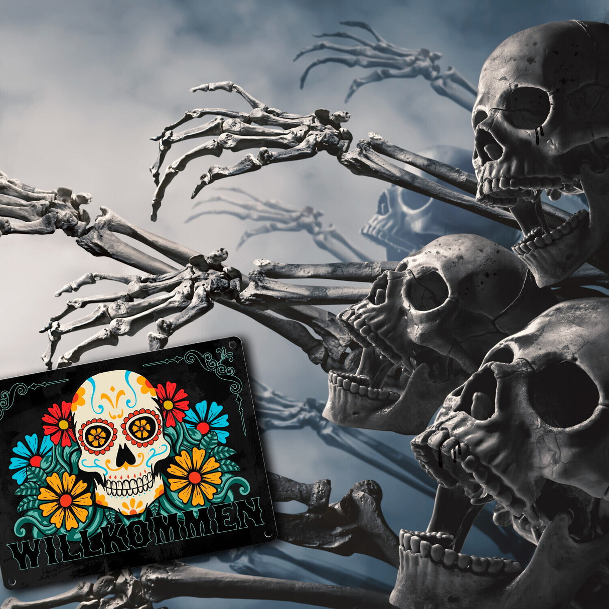 Willkommen Metallschild mit Totenkopf und Blumenmotiv