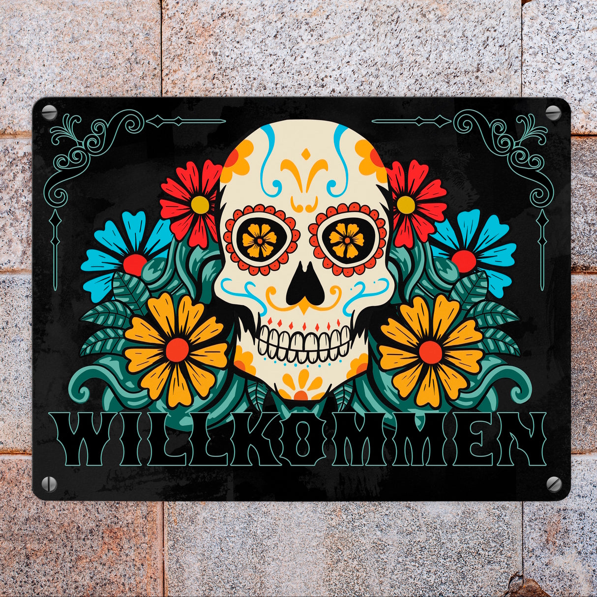 Willkommen Metallschild mit Totenkopf und Blumenmotiv