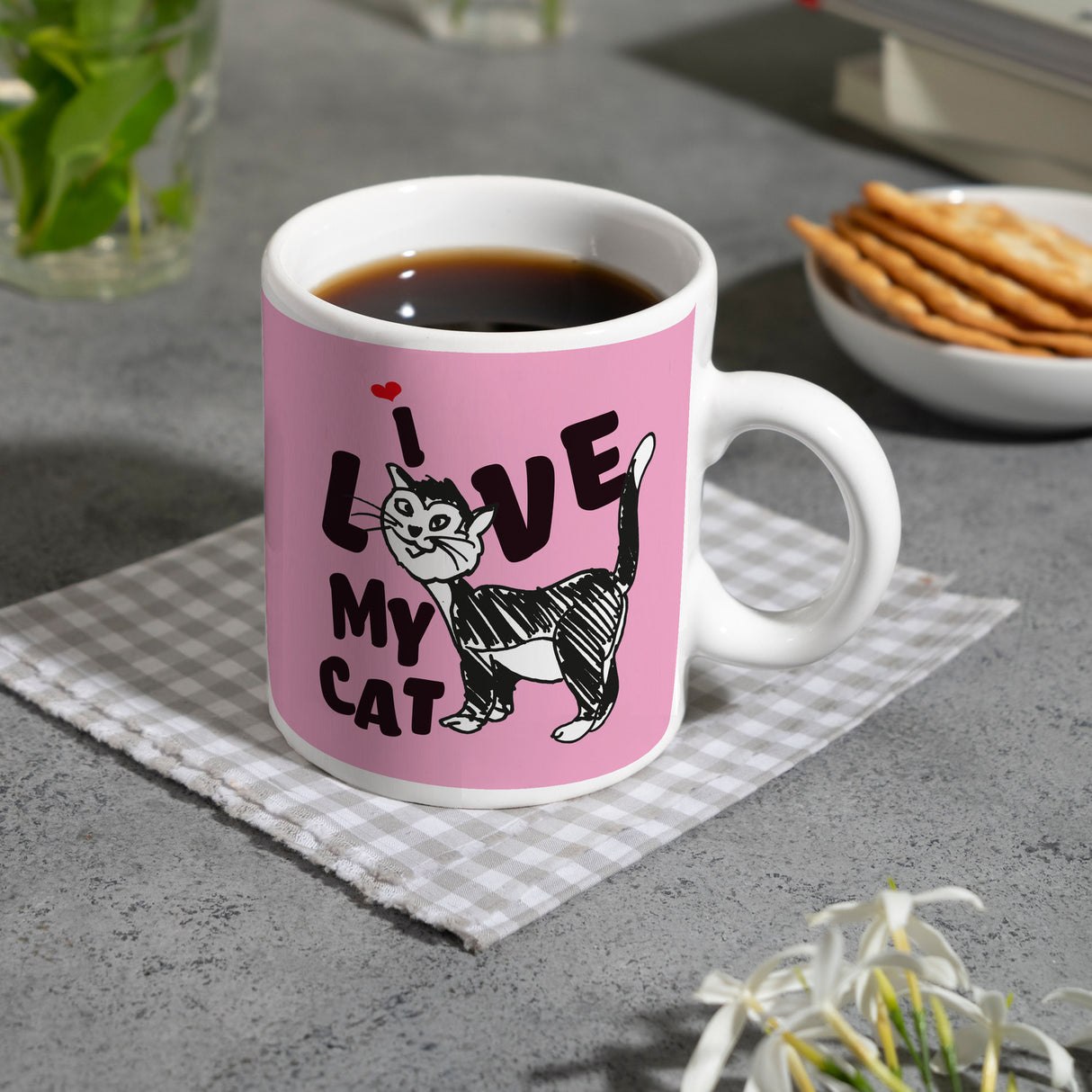 Ich liebe meine Katze Kaffeebecher mit Katzen Motiv und Rosa Hintergrund