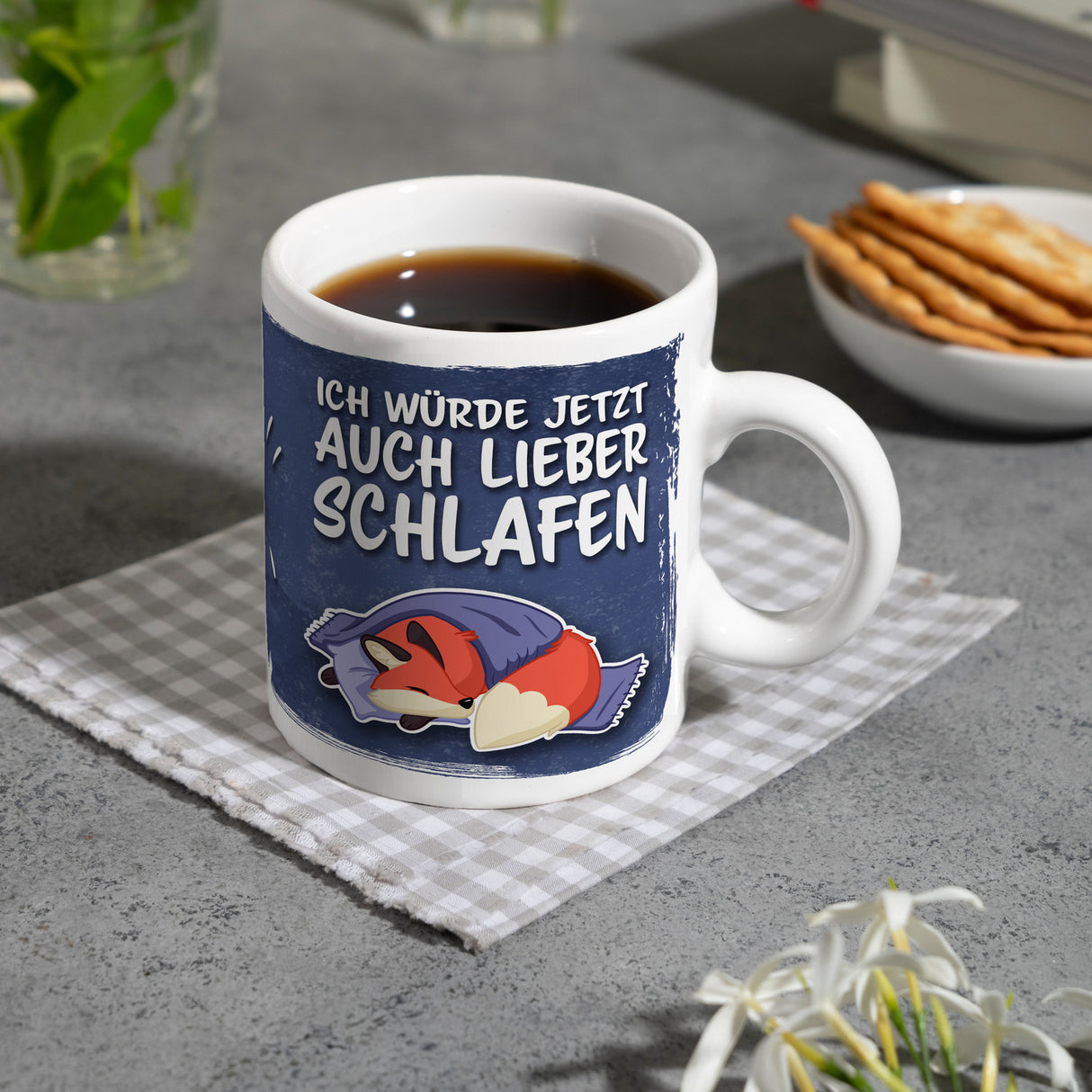 Ich würde jetzt auch lieber schlafen Kaffeebecher mit süßem Cartoon Fuchs