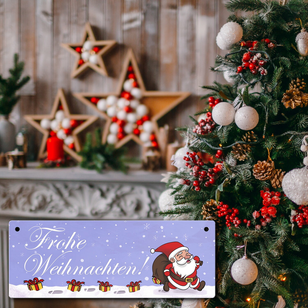 Frohe Weihnachten Metallschild mit lustigem Cartoon Weihnachtsmann