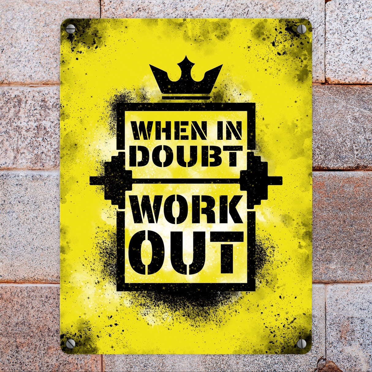 When in doubt Work out Metallschild mit motivierendem Spruch in {Gelb}