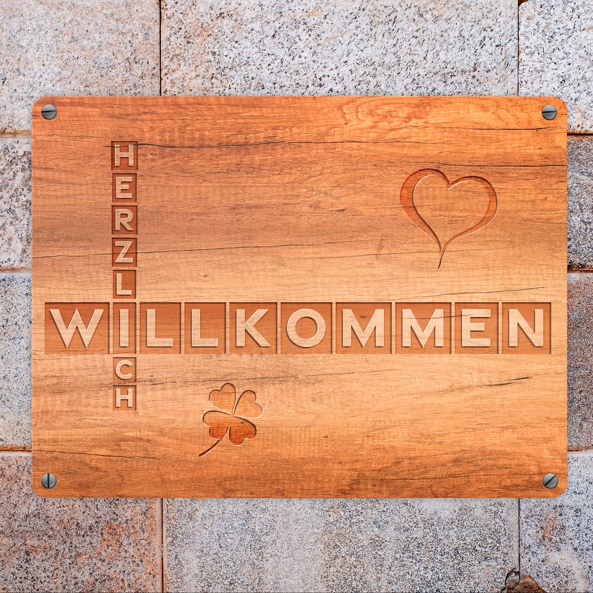 Herzlich Willkommen Metallschild in Holzoptik