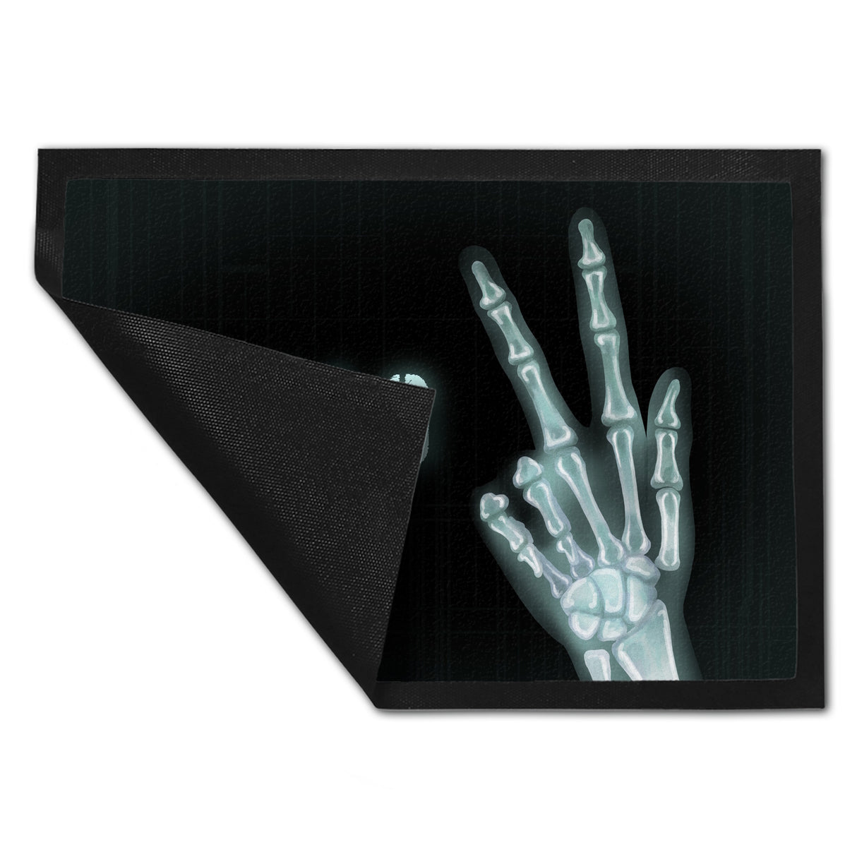 Hallo Fußmatte mit Röntgenbild von Hand mit Peacezeichen
