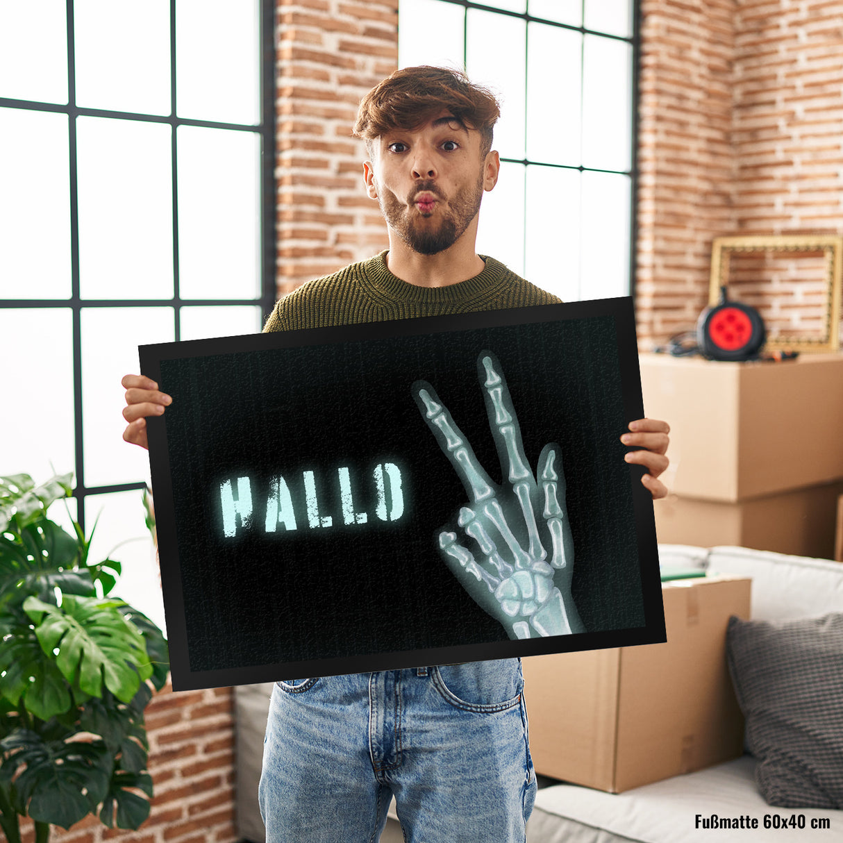 Hallo Fußmatte mit Röntgenbild von Hand mit Peacezeichen