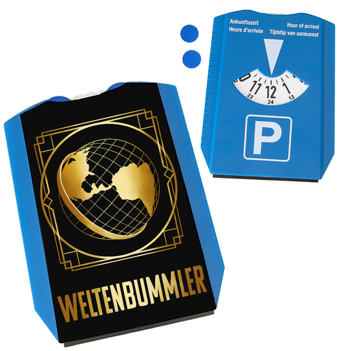 Weltenbummler Parkscheibe mit goldenem Globus und Reisemotiv