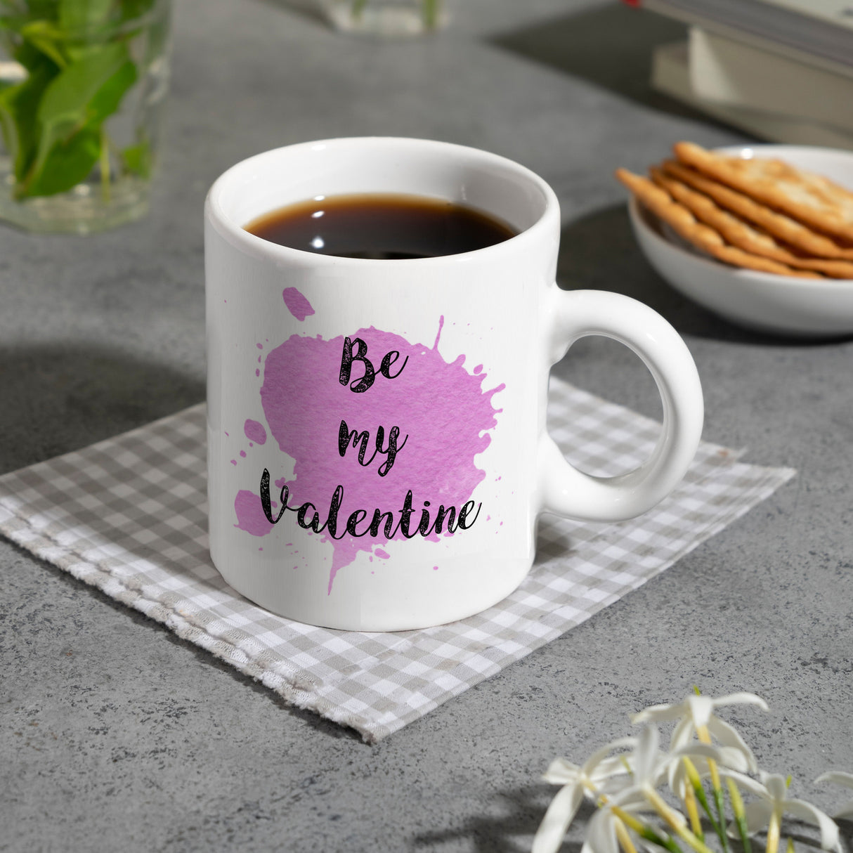 Be my Valentine Kaffeebecher mit rosa Farbkleks