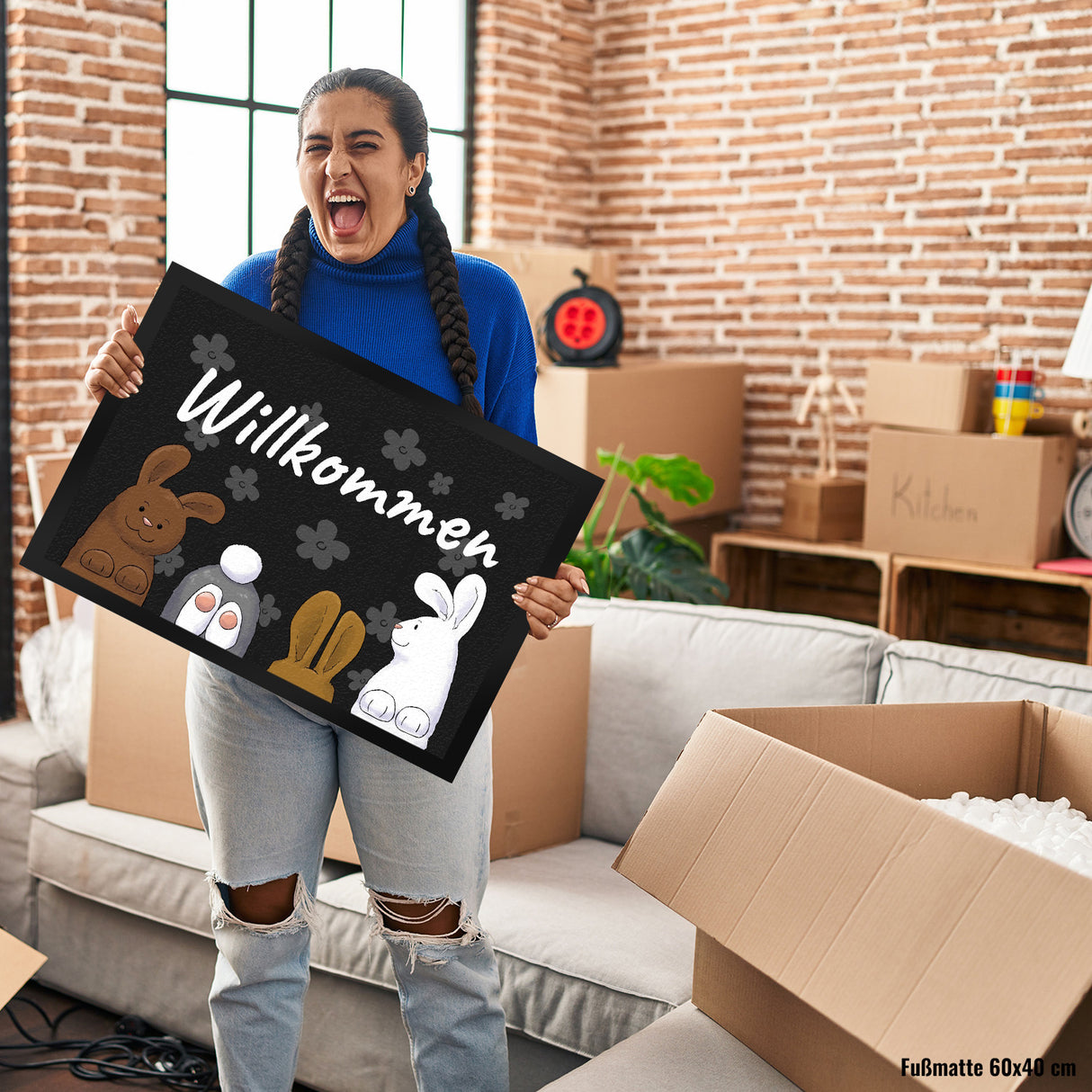 Willkommen Fußmatte mit lustigem Hasen-Motiv