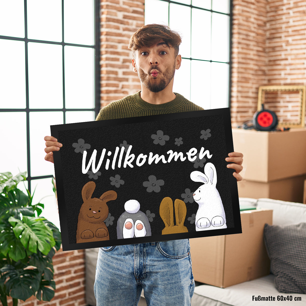 Willkommen Fußmatte mit lustigem Hasen-Motiv