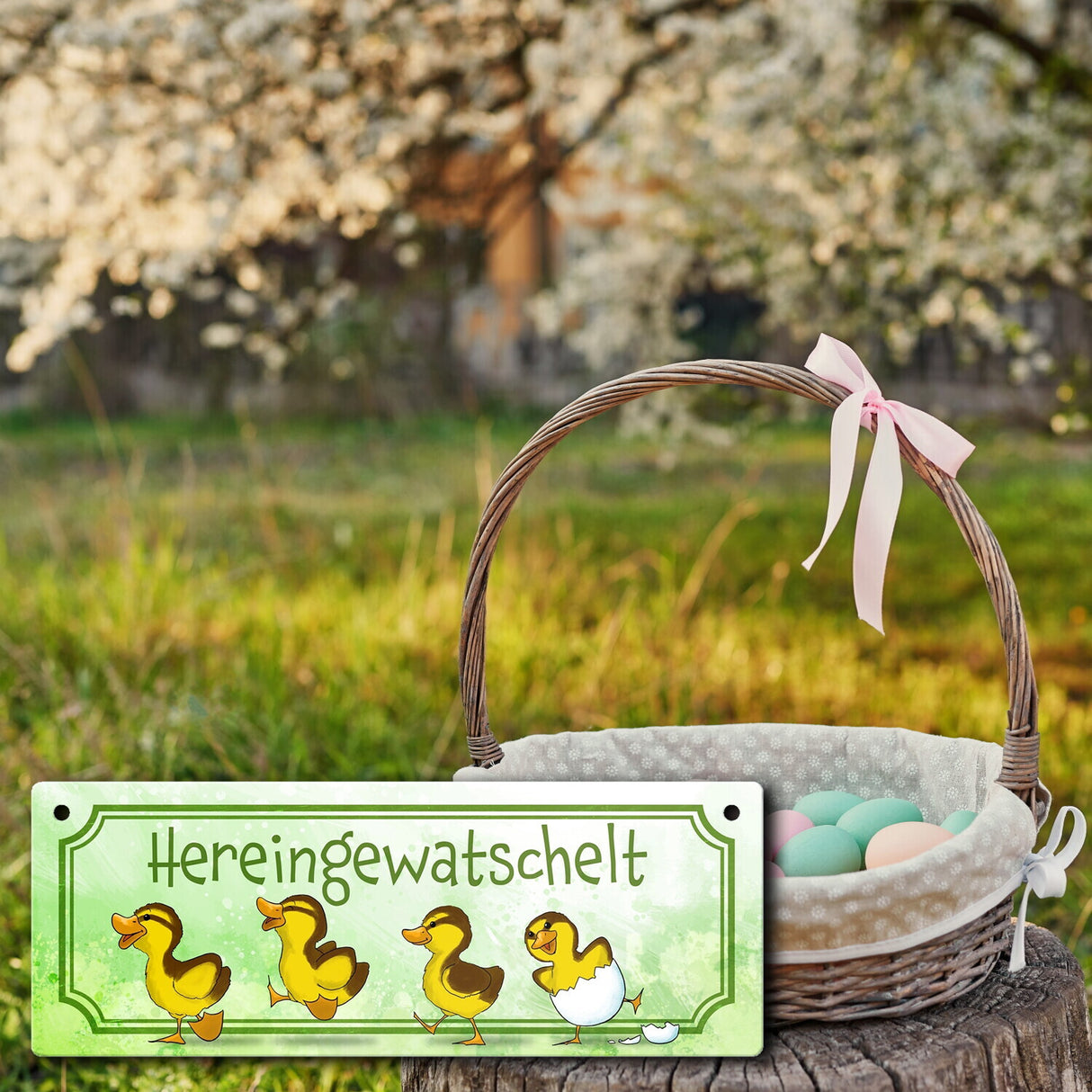 Hereingewatschelt Metallschild mit niedlichen Entchen