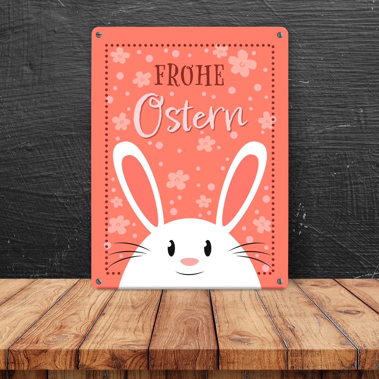 Frohe Ostern Metallschild mit niedlichem Osterhasen
