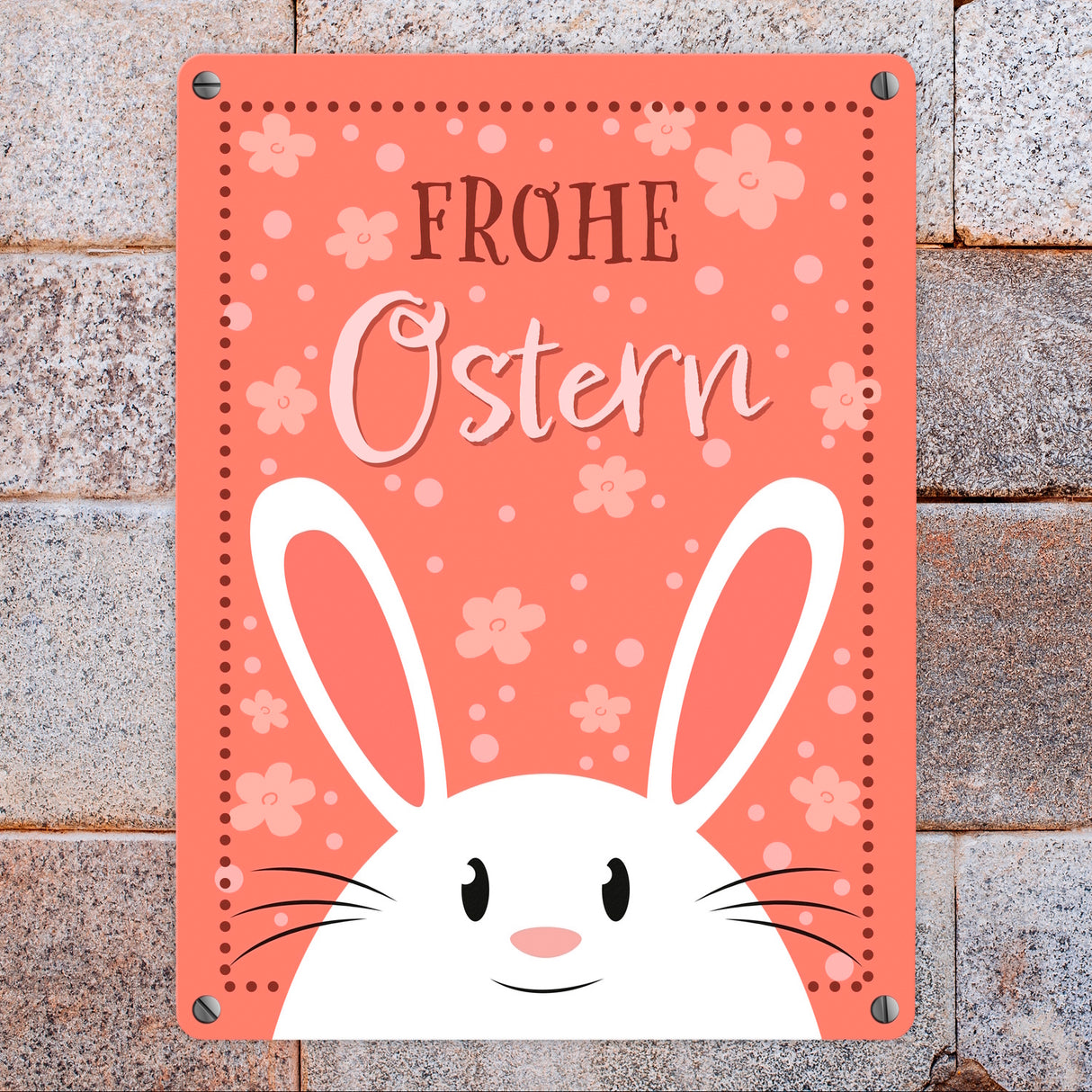 Frohe Ostern Metallschild mit niedlichem Osterhasen