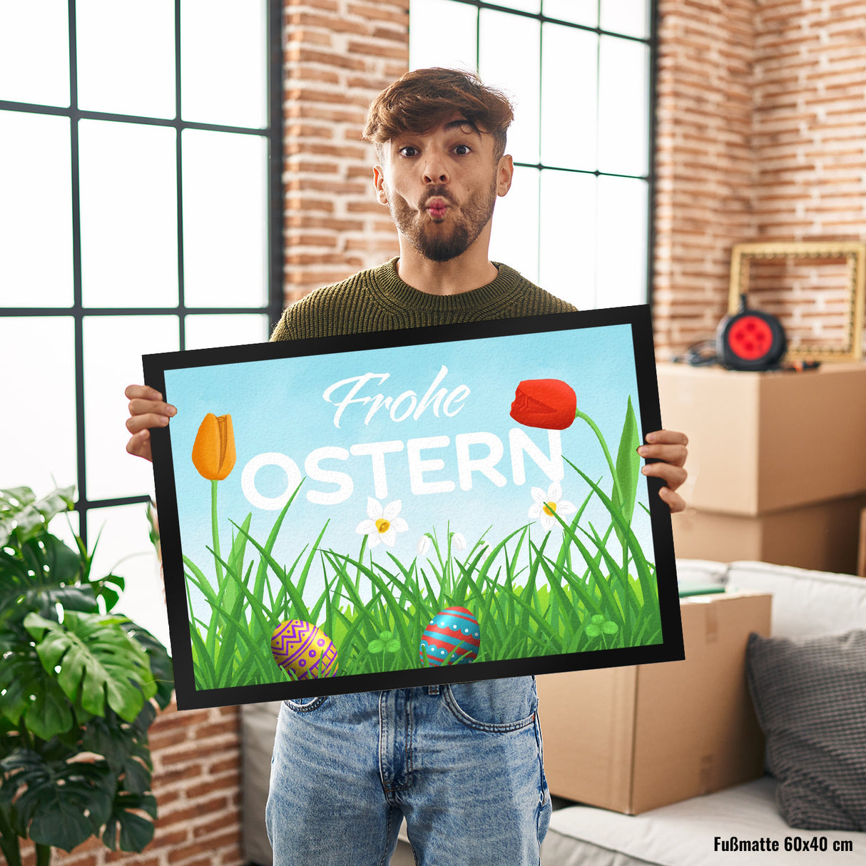 Frohe Ostern Fußmatte mit grüner Blumenwiese und bunten Ostereiern