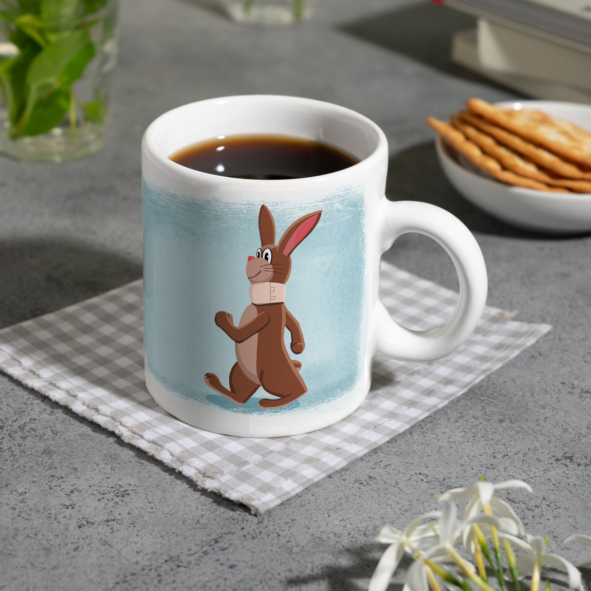 Lass den Kopf nicht hängen aufmunternde Kaffeetasse mit lustigem Hasen