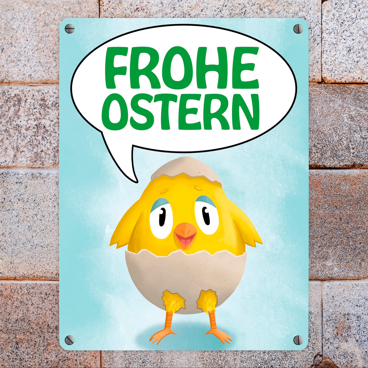 Frohe Ostern Metallschild mit süßem Küken in Eierschale