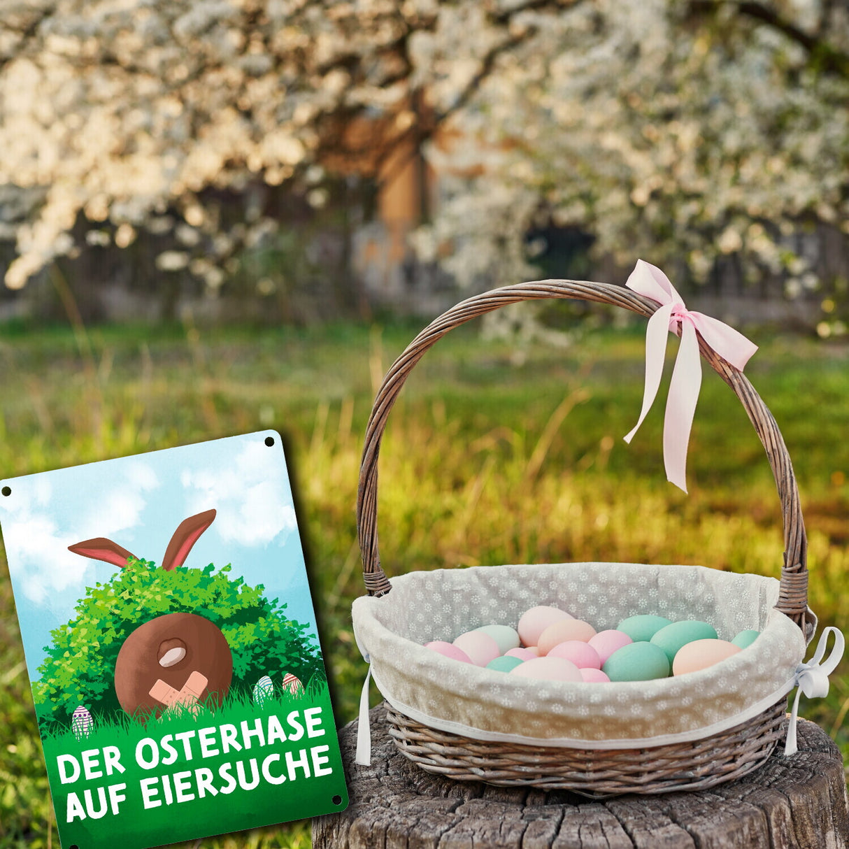 Der Osterhase auf Eiersuche Metallschild für Ostern