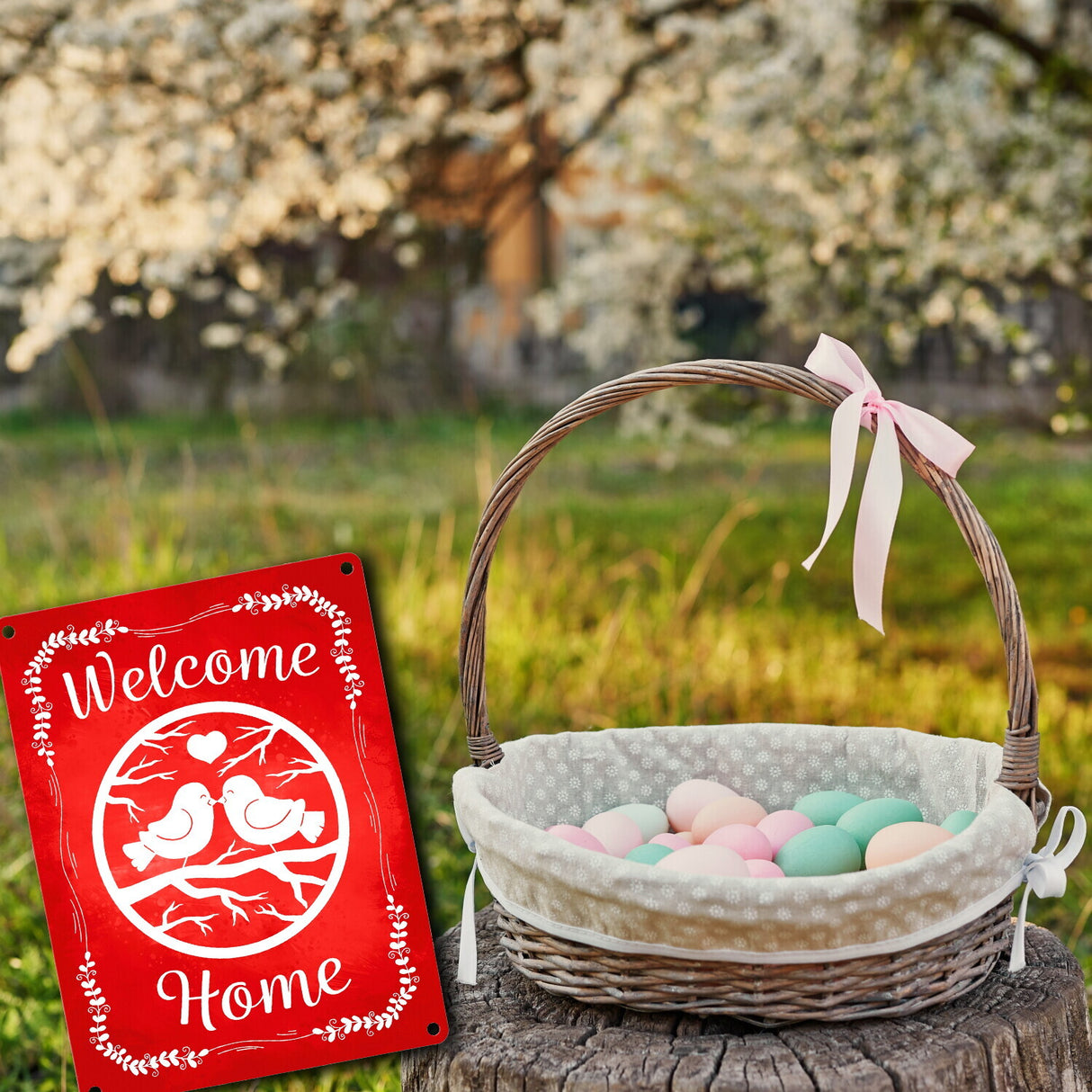 Welcome Home mit niedlichen Vögeln Metallschild
