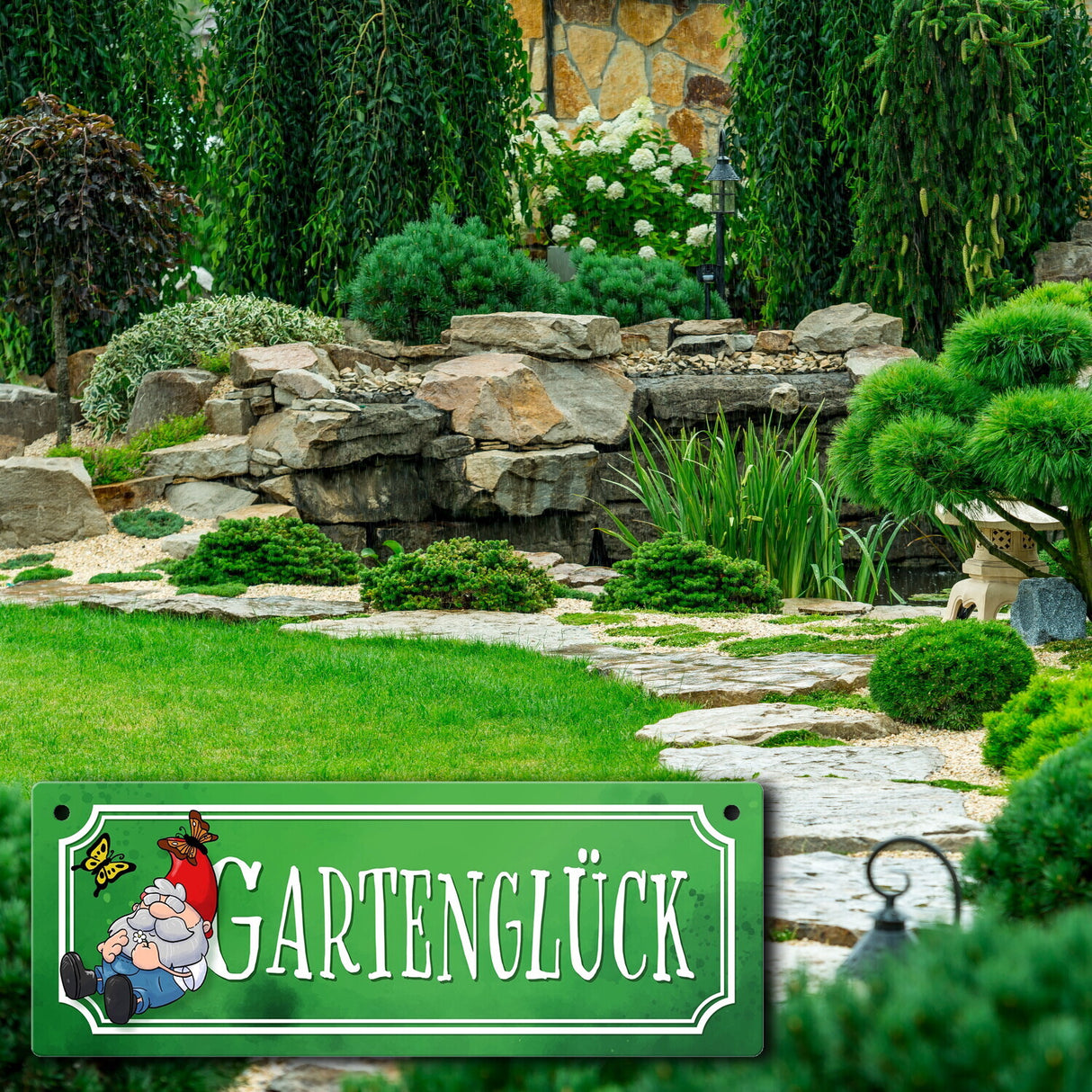 Gartenglück Metallschild mit Gartenzwerg und Schmetterlingen