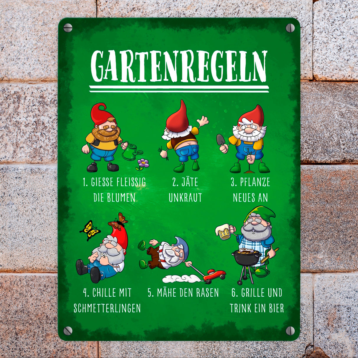 Gartenregeln Metallschild mit lustigen Gartenzwergen