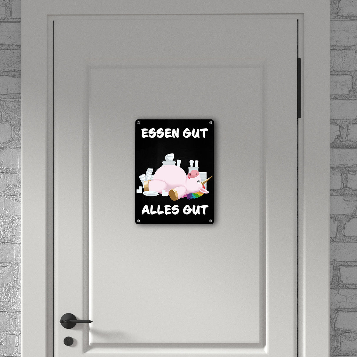 Essen gut alles gut witziges Metallschild mit dickem Einhorn