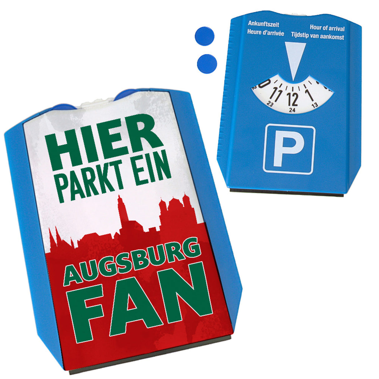 Hier parkt ein Augsburg Fan Parkscheibe in Rot Weiß Grün