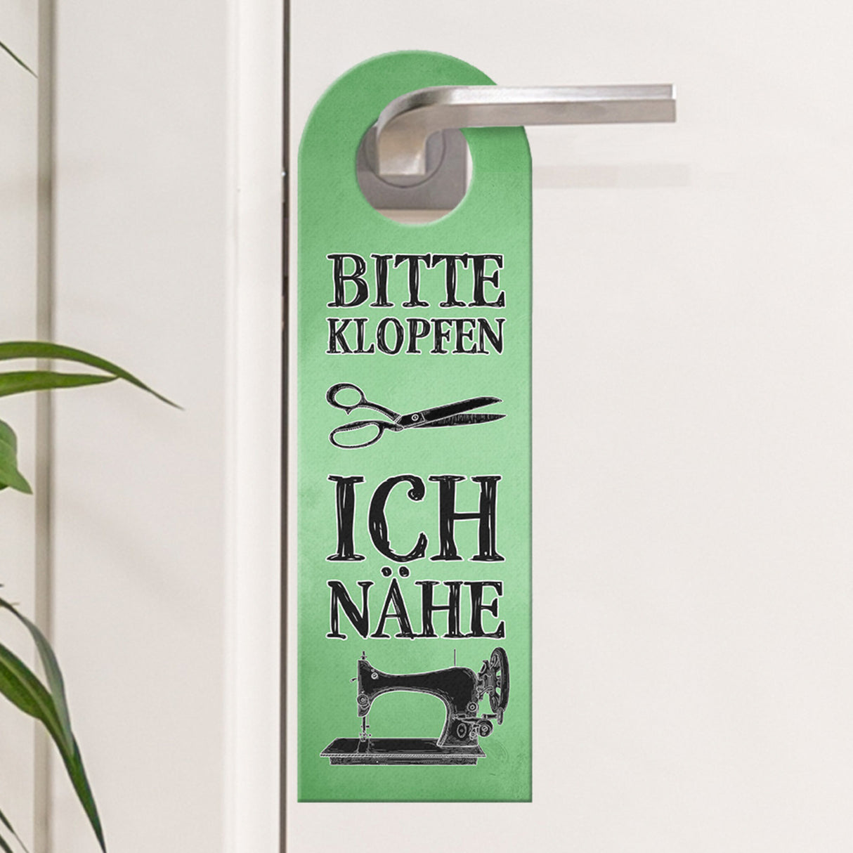 Bitte klopfen ich nähe Türhänger mit Nähmaschine