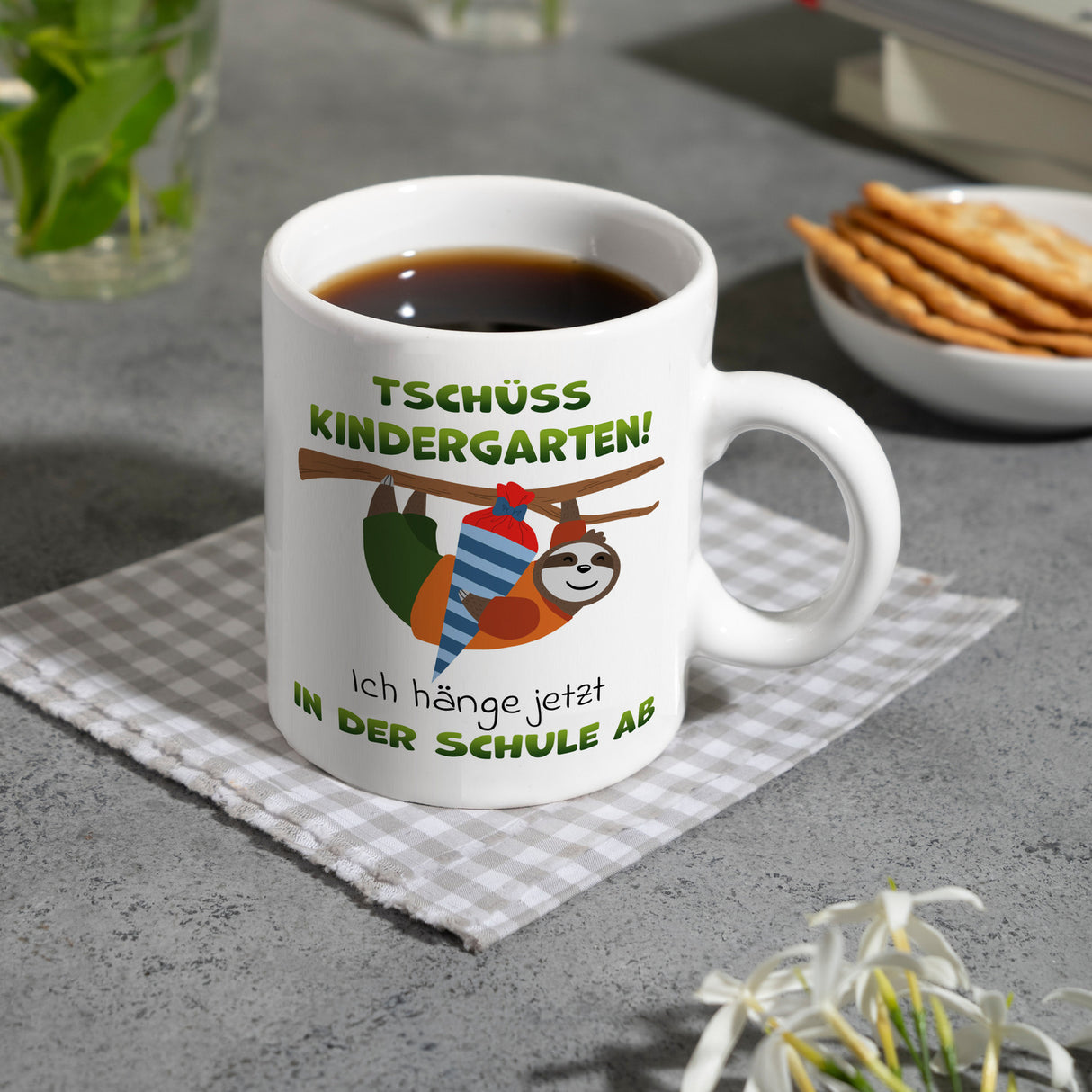 Tschüss Kindergarten Faultier Kaffeebecher für die Einschulung
