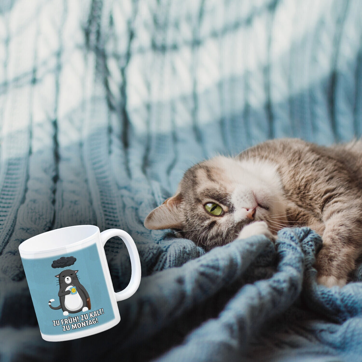 Zu früh, zu kalt, zu Montag witziger Kaffeebecher mit genervter Katze