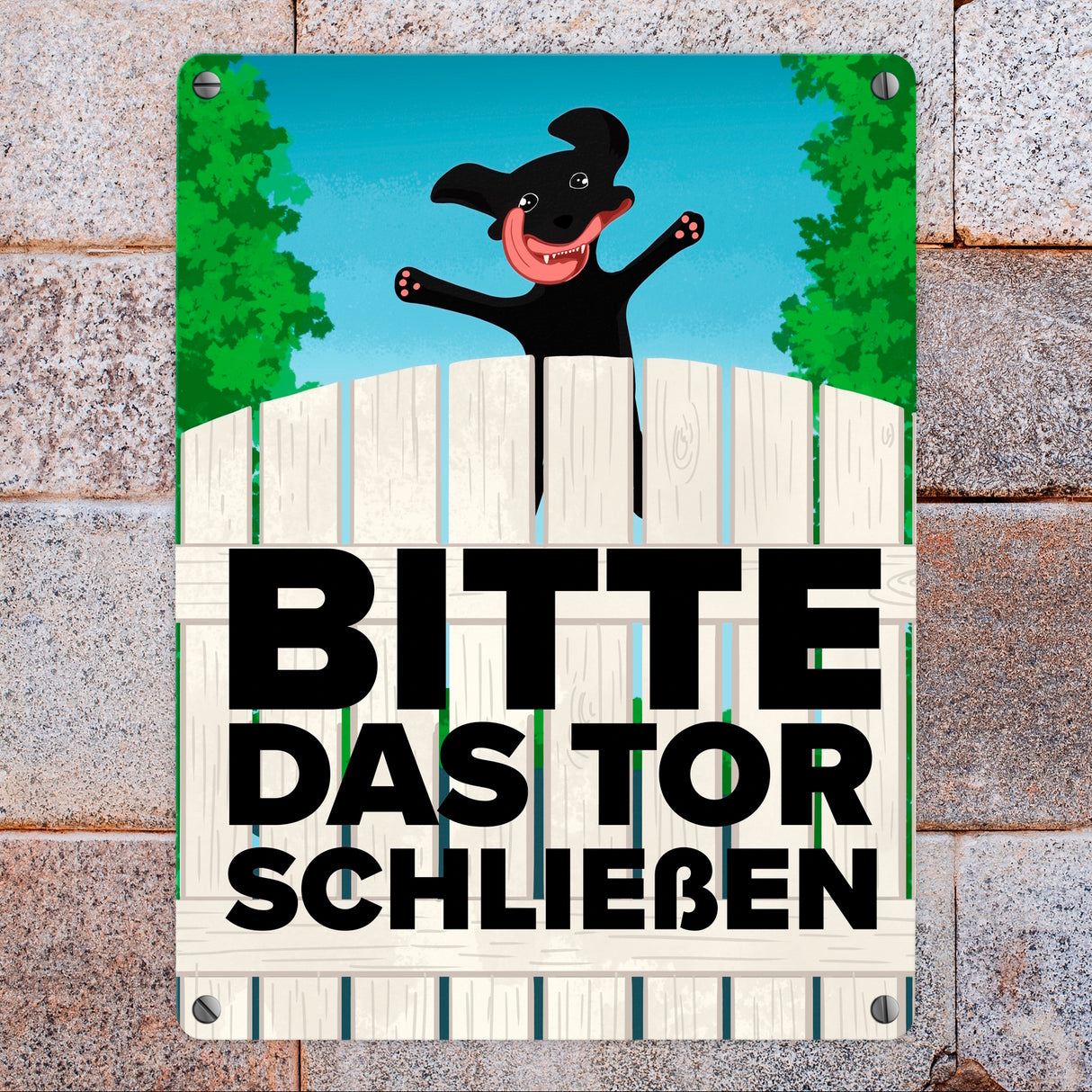 Bitte das Tor schließen Metallschild mit lustigem schwarzem Hund