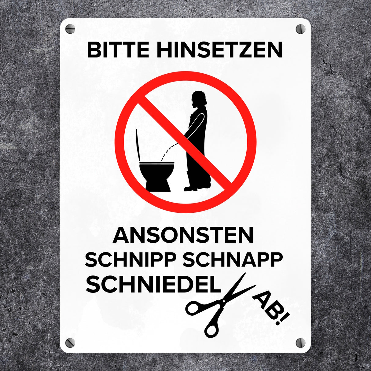 Bitte hinsetzen, ansonsten… Toilette Metallschild mit Filmfigur