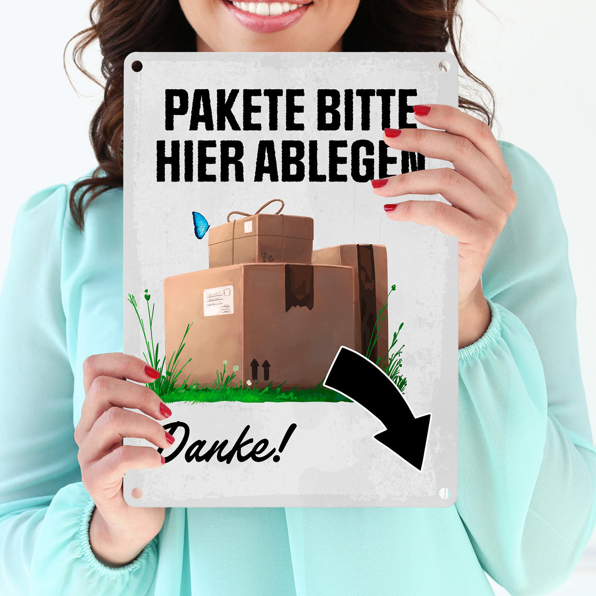 Pakete bitte hier ablegen, Danke! Metallschild - Pfeil rechts