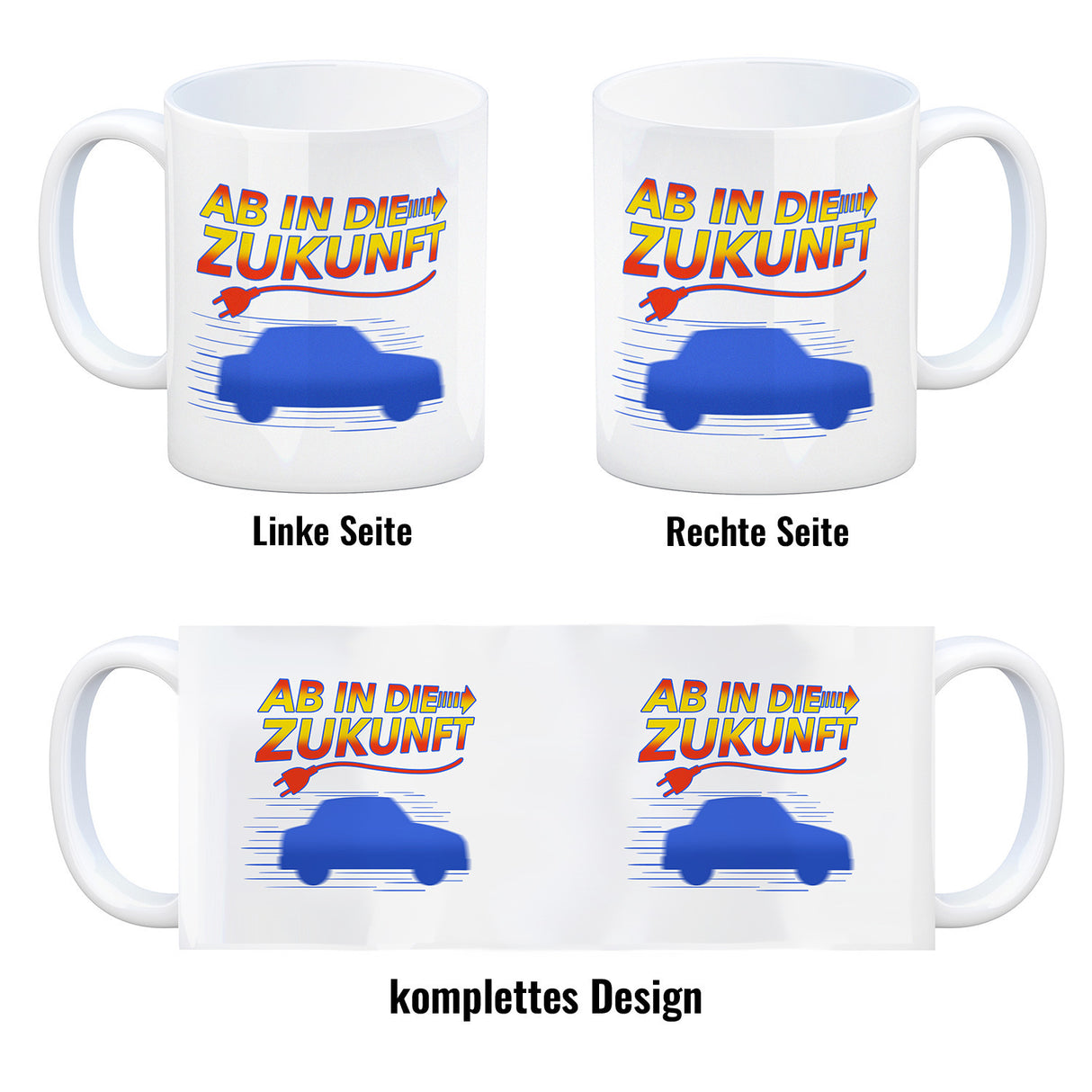 Ab in die Zukunft Elektroauto Kaffeetasse