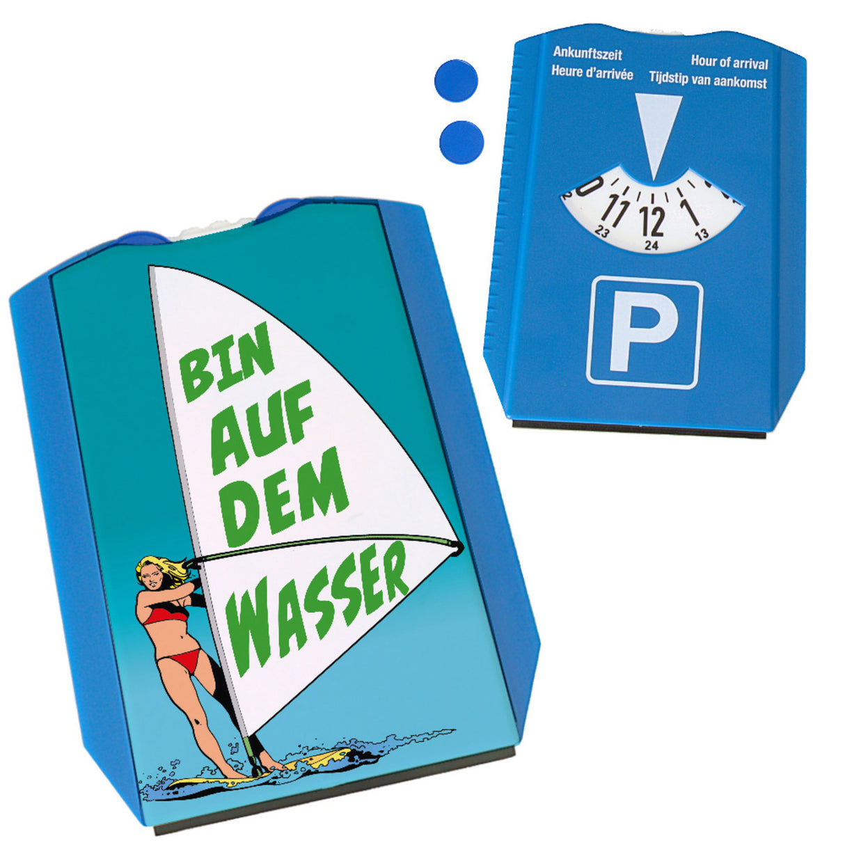 Surferin Parkscheibe mit Spruch auf dem Segel - Bin auf dem Wasser