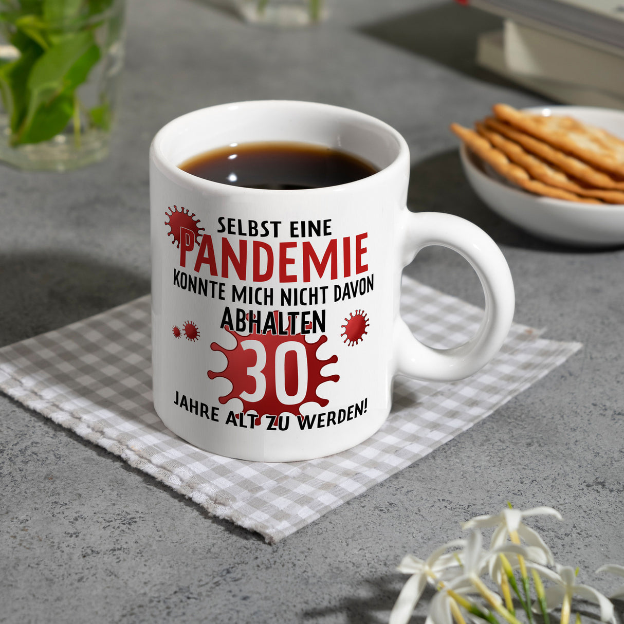 Kaffeebecher für den 30. Geburtstag mit Motiv: Pandemie