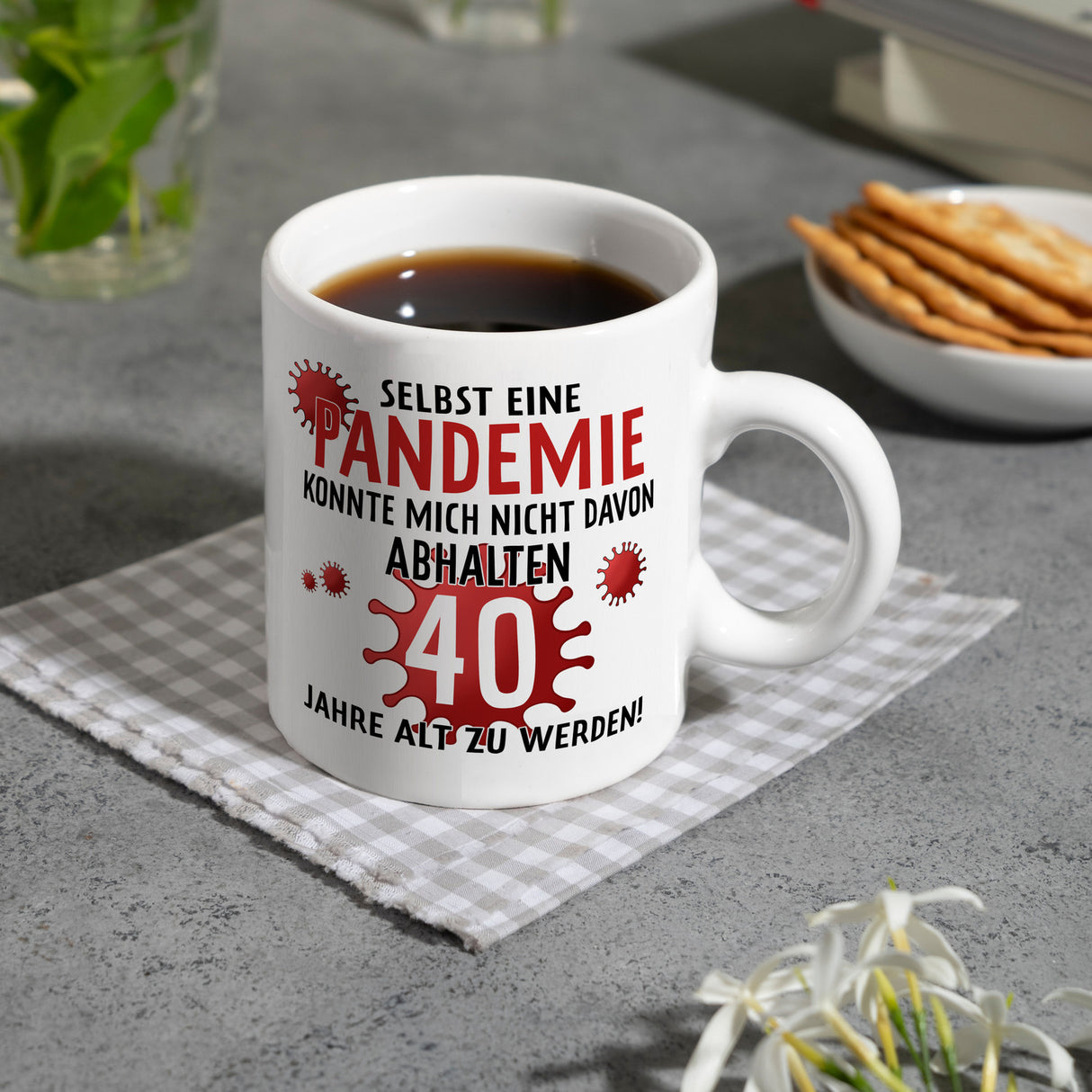 Witziger Kaffeebecher für den 40. Geburtstag mit Motiv: Pandemie