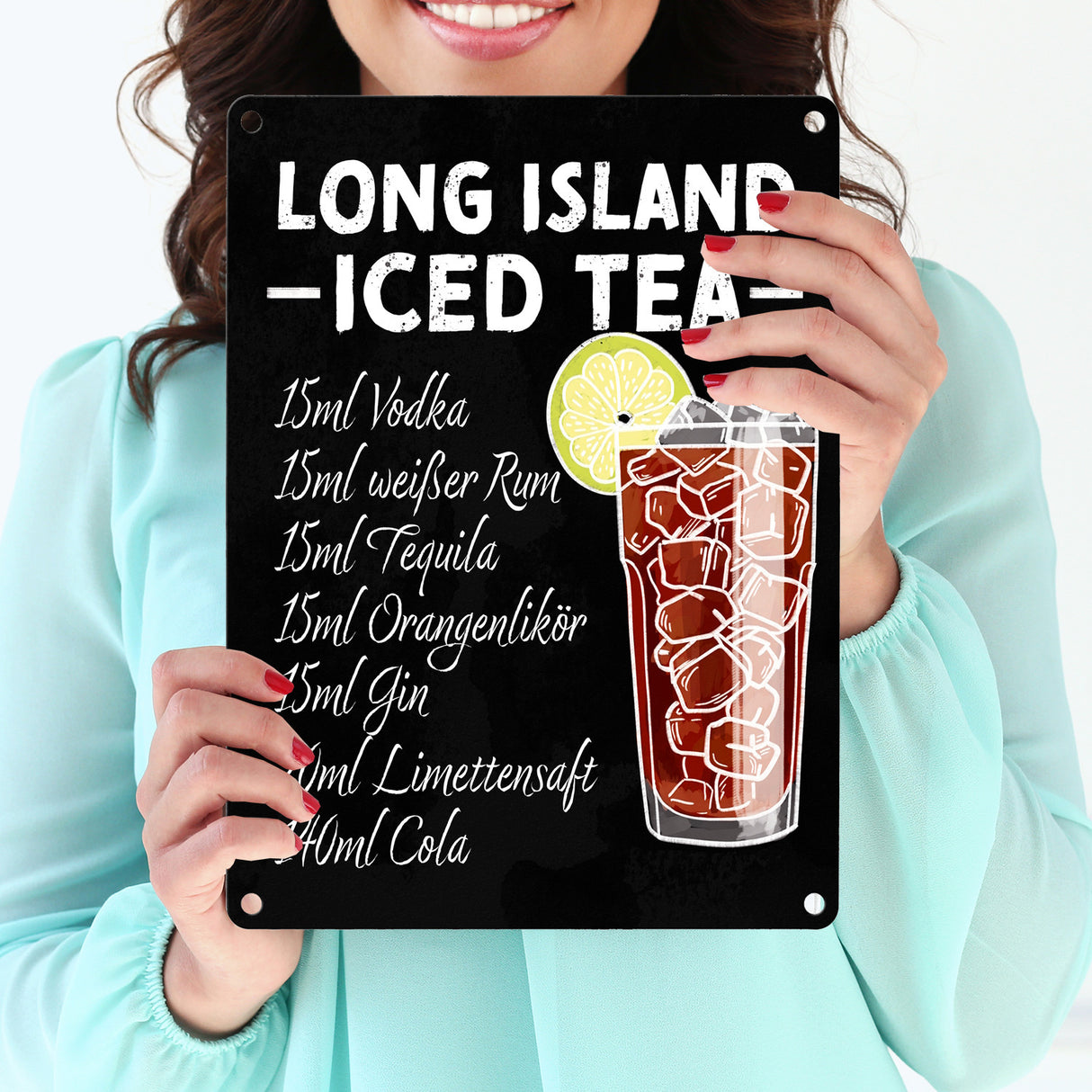 Metallschild mit Cocktailrezept für Long Island Iced Tea