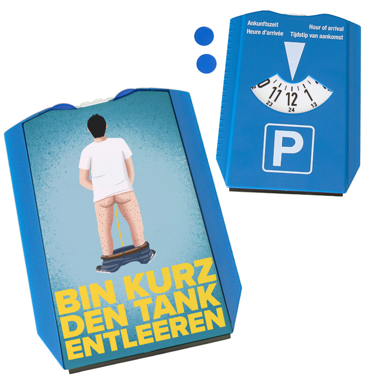 Bin kurz den Tank entleeren Pipi Parkscheibe mit 2 Einkaufswagenchips