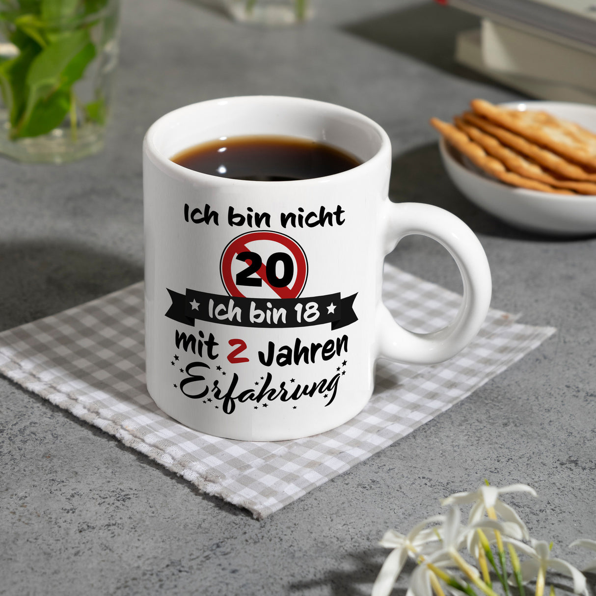 20. Geburtstag Kaffeebecher mit lustigem Spruch: 18 mit Erfahrung