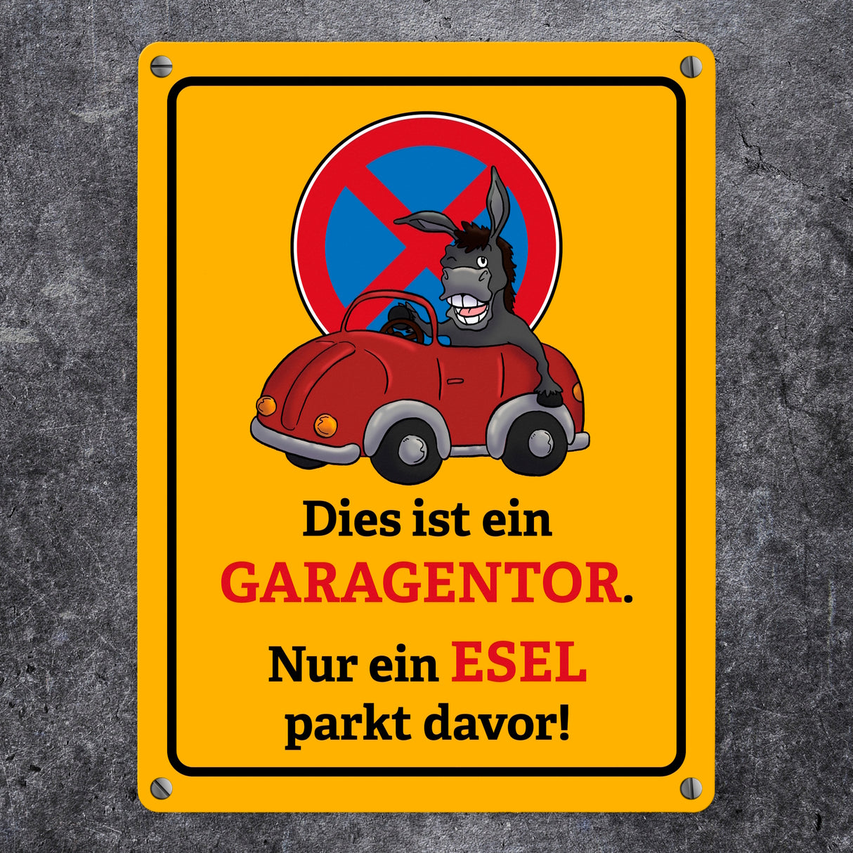 Dies ist ein Garagentor - nur ein Esel parkt davor Metallschild