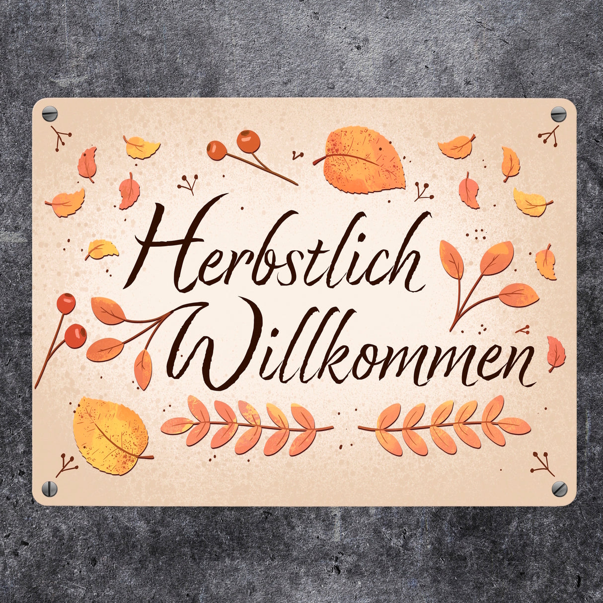 Herbstlich Willkommen Metallschild mit bunten Blättern