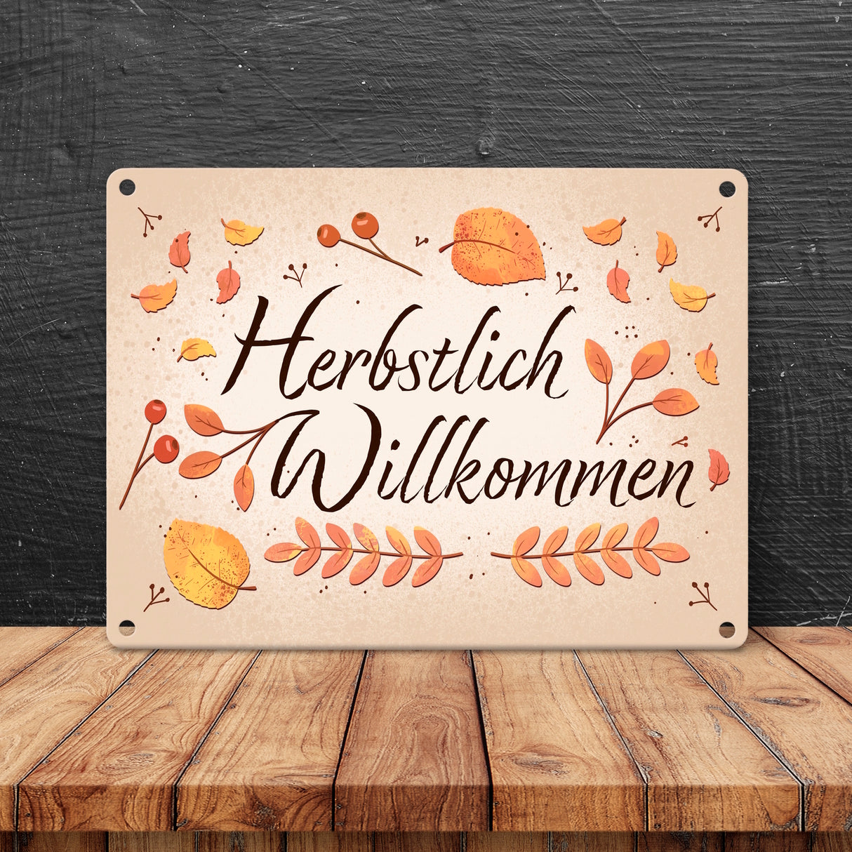 Herbstlich Willkommen Metallschild mit bunten Blättern