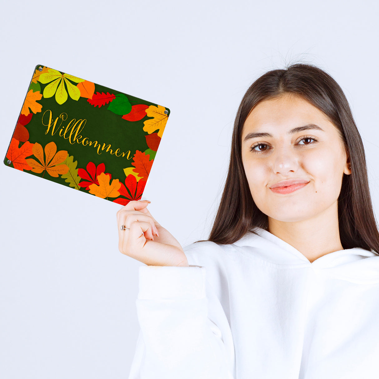 Willkommen Herbst Metallschild mit Laubkranz