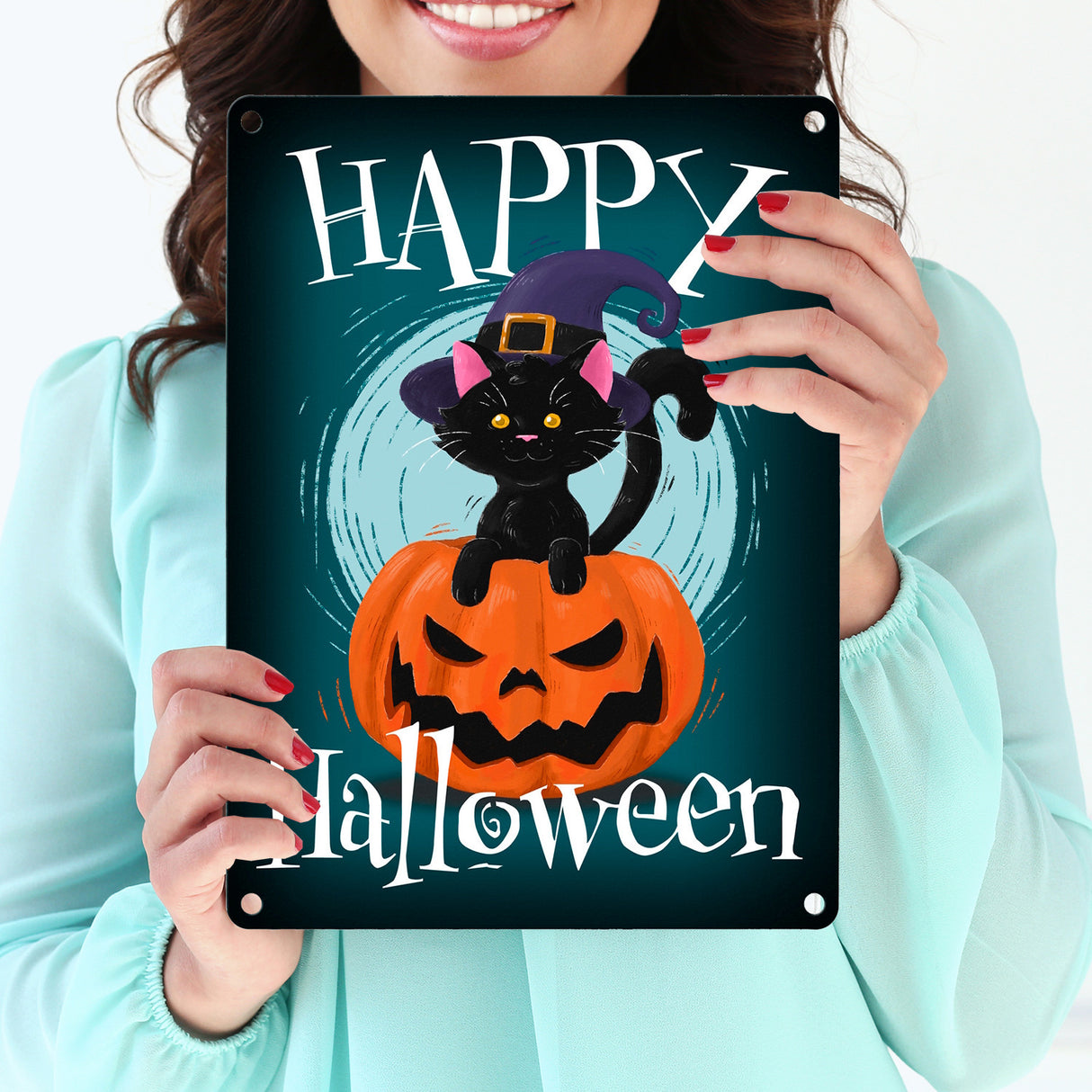 Happy Halloween Metallschild mit niedlicher schwarzer Katze